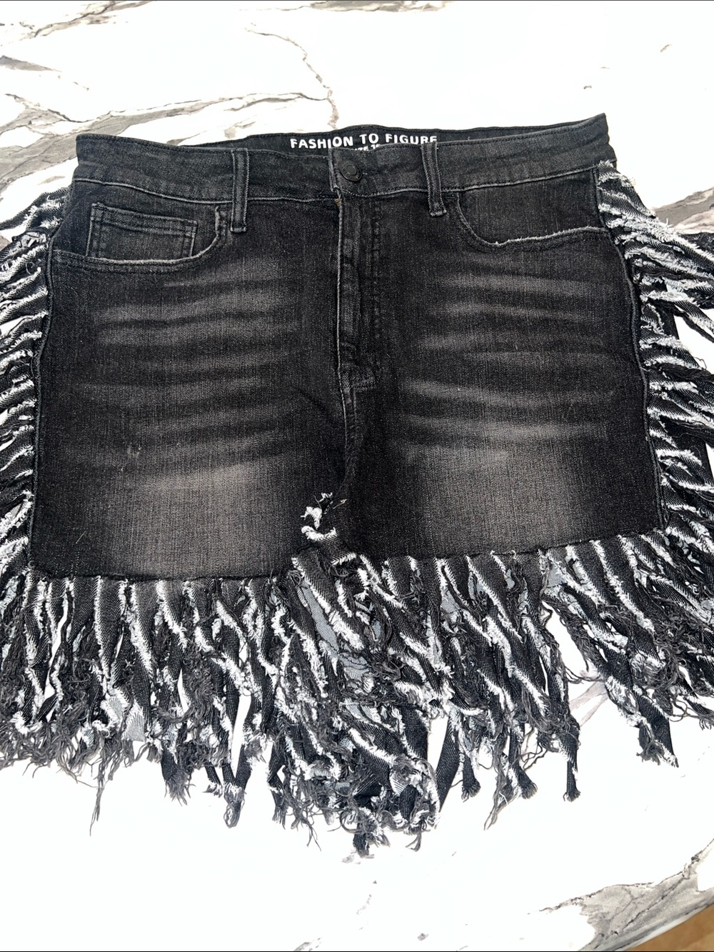 Fashion to Figure Black Fringe Distressed Denim Shorts Size 16